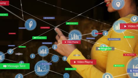 woman interacting with social media notifications and data analytics animation