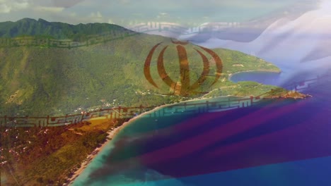 composición digital de ondear la bandera de irán contra la vista aérea del mar