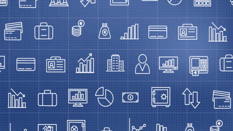 animation of business icons and data processing over blue background