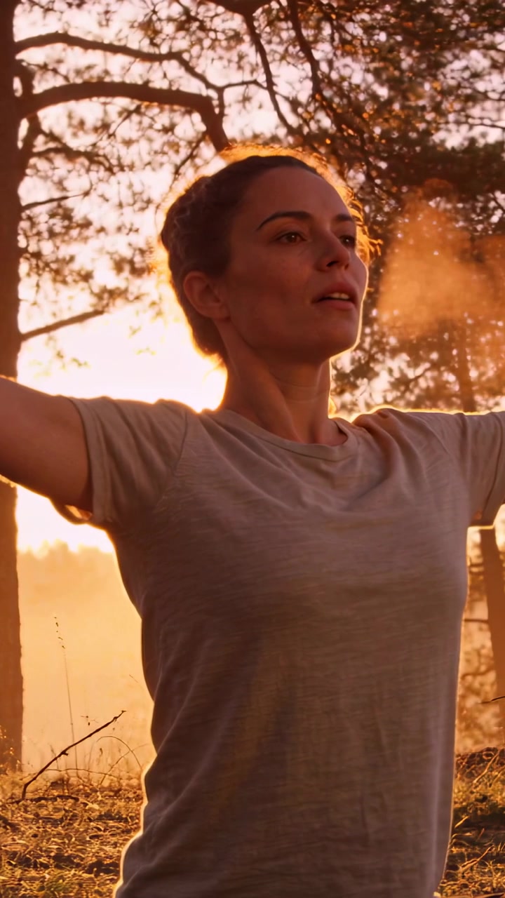 Video vertical: Mujer exhalando con camiseta clara después de inhalar para calmarse en un bosque, con niebla iluminada por el sol y pinos.