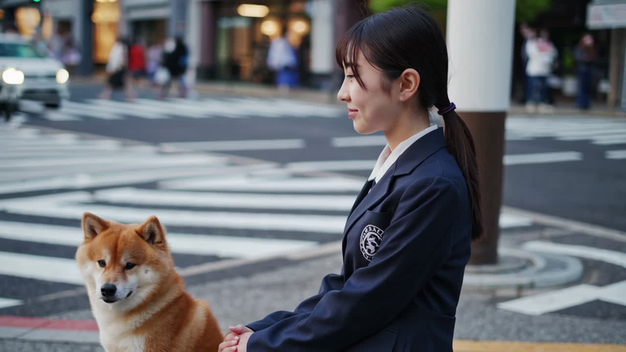 Young woman and Shiba Inu dog at a crosswalk