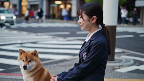 young woman and shiba inu dog at a crosswalk