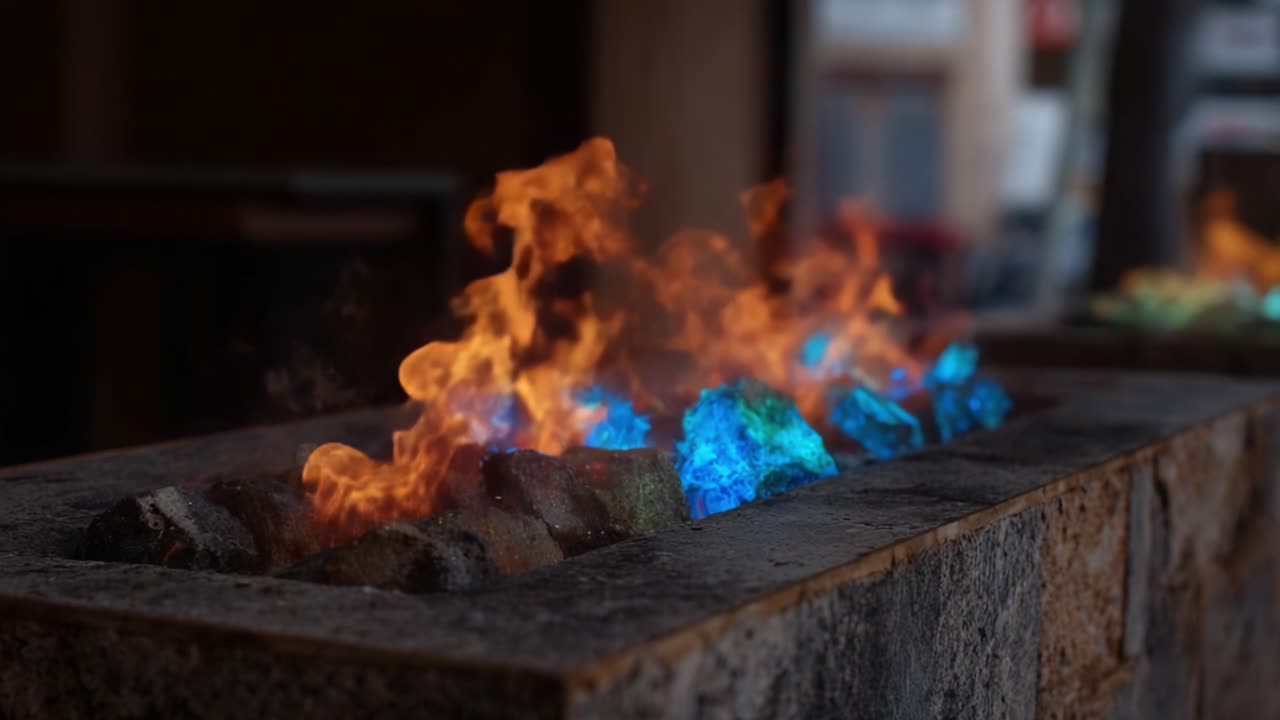 Captivating Flames Dancing Amidst Vibrant Blue and Orange Embers in a Stone Fire Pit Displaying Nature's Beauty and Elegance