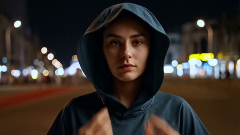 young woman in hoodie on a city street at night