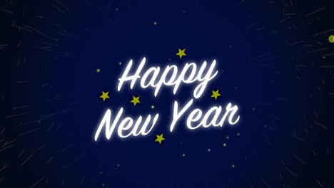 animated motion graphics white happy new year celebration with light stars and fireworks alpha looping particle glow visual effect text title background 4k blue navy