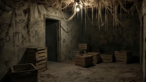 creepy abandoned basement with graffiti and wooden crates
