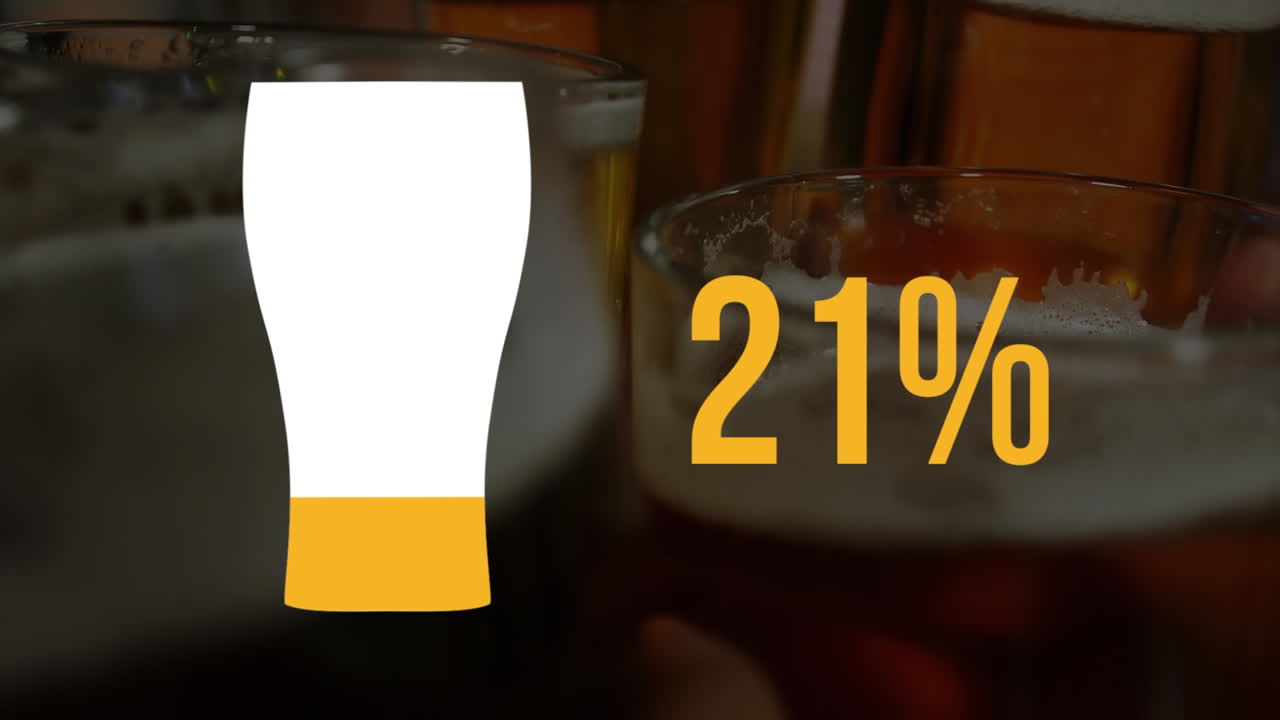 Pint glass shape and percentage filling in colour and glasses of beer