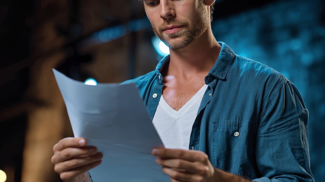 Man holds paper, focused, calm, thoughtful. Blue shirt, white undershirt, beard, strong jawline. Hands steady, eyes fixed on text. Dark background, soft lights, deep blue glow