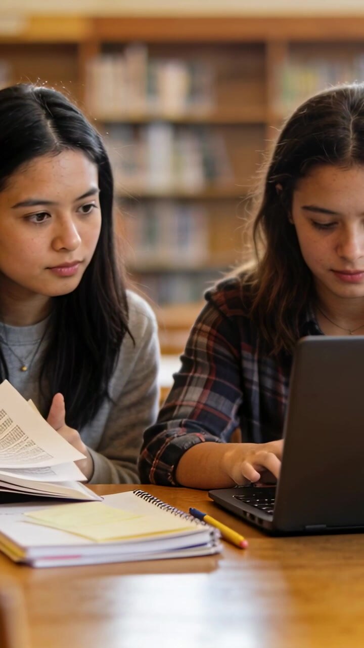 Video verticale: Sfogliare, digitare mentre la sessione inizia, studenti che studiano in biblioteca con appunti sul laptop.
