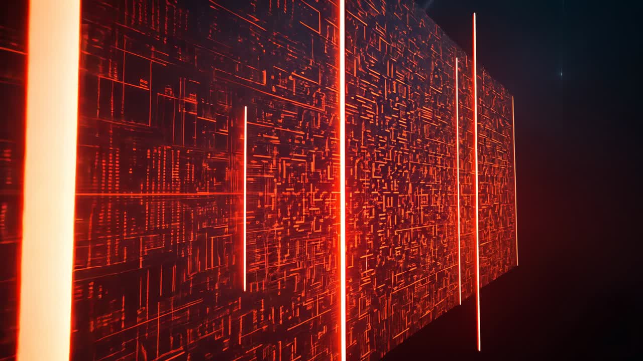 Igniting neon bars pulsing across circuitry panel with camera panning corridor, revealing void