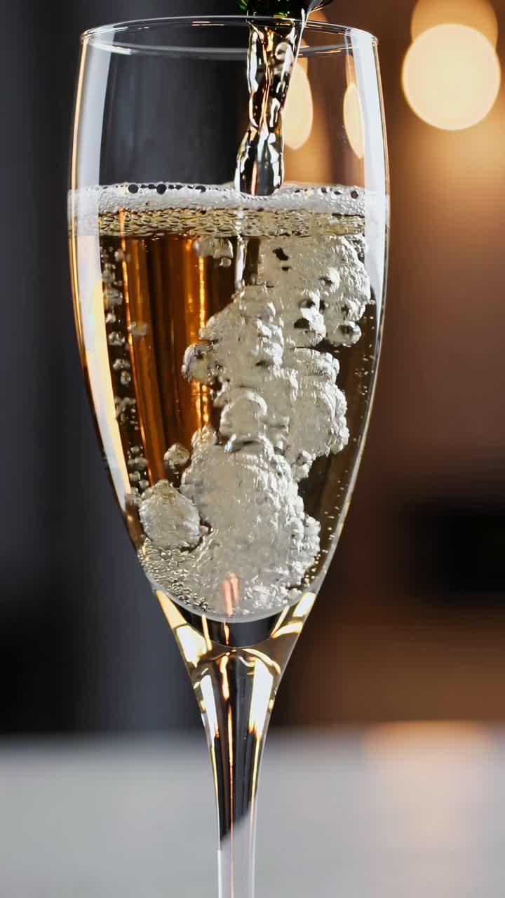 Close-up video of champagne being poured into a flute, capturing bubbles rising