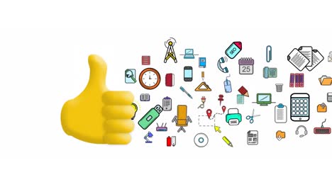 Animation-of-thumbs-up-and-office-equipment-emoji-icons-over-white-background