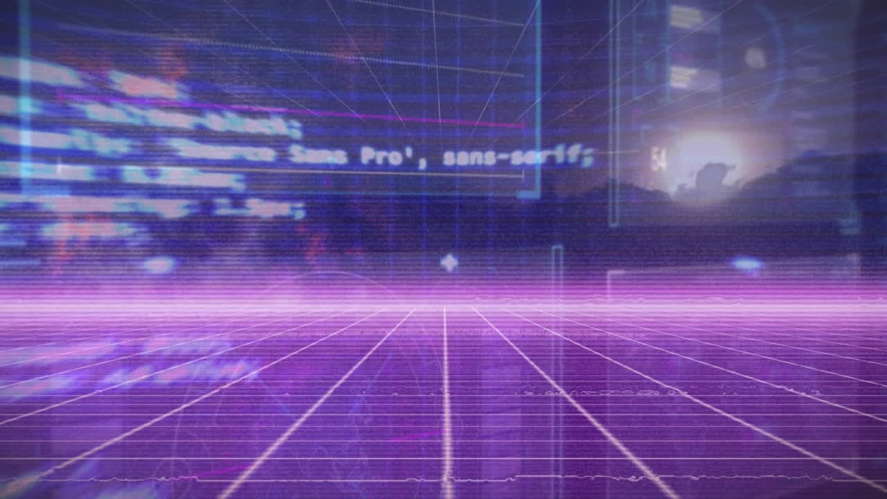 Animation of digital data processing and digital interface and grid over blue background