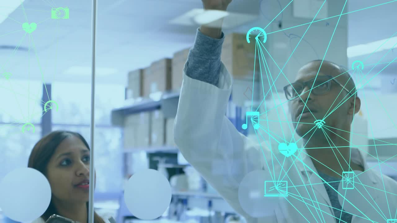 Two women tapping tablet and male scientist marking glass, teal overlay guiding lab review