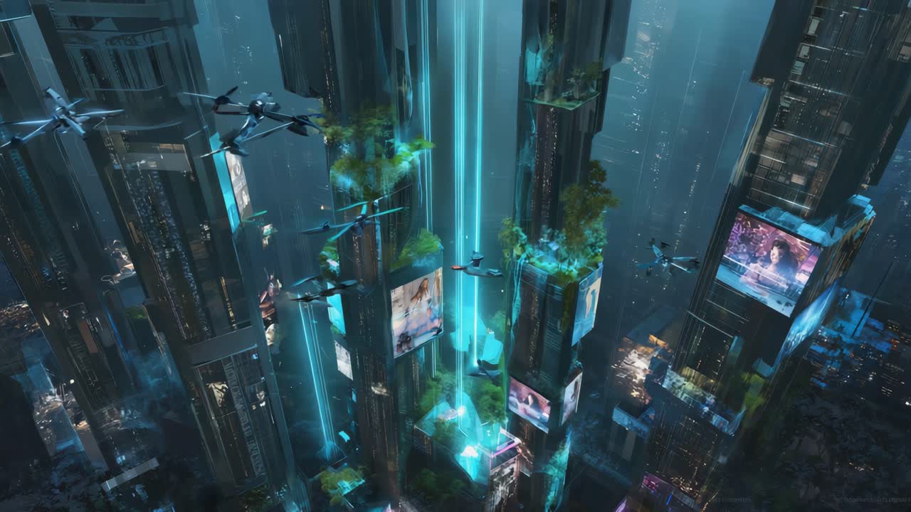 Futuristic Cityscape with Flying Vehicles and Vertical Gardens