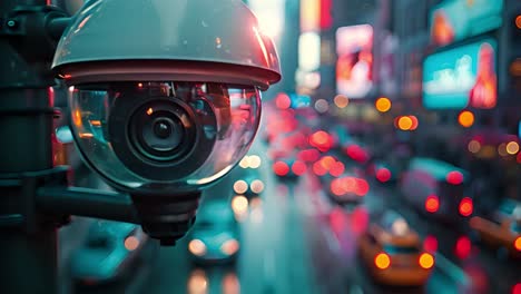 cctv surveillance camera overlooking a busy city street at night