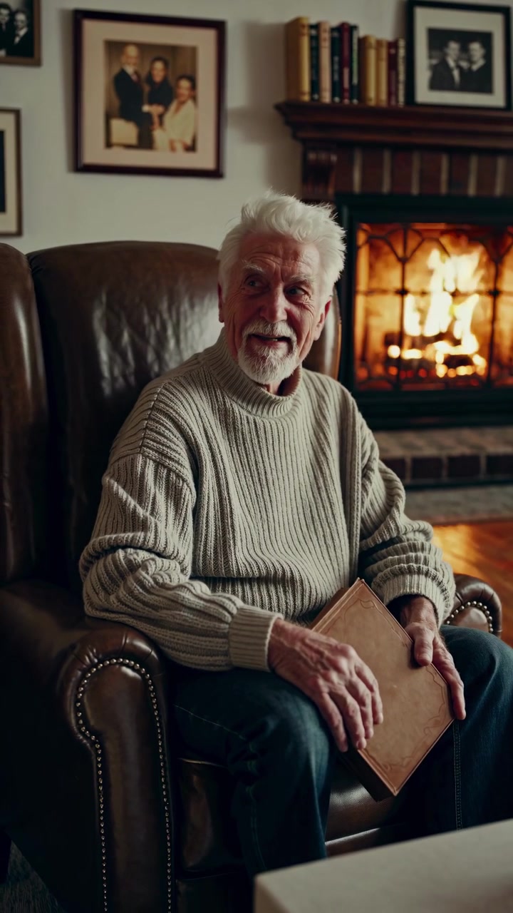 Smiling Senior Man Relaxing with a Book by the Fireplace
