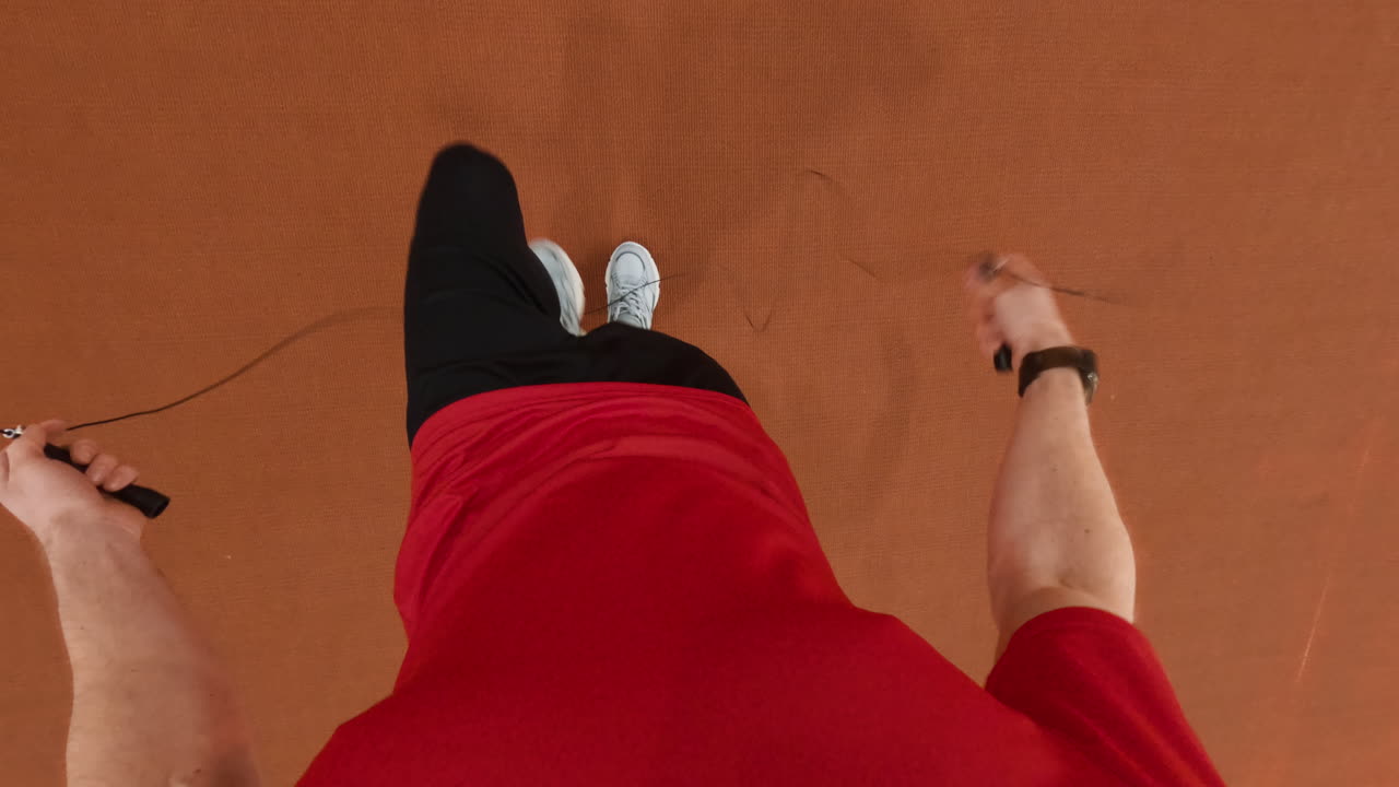 Overhead view of a person exercising with a jumping rope
