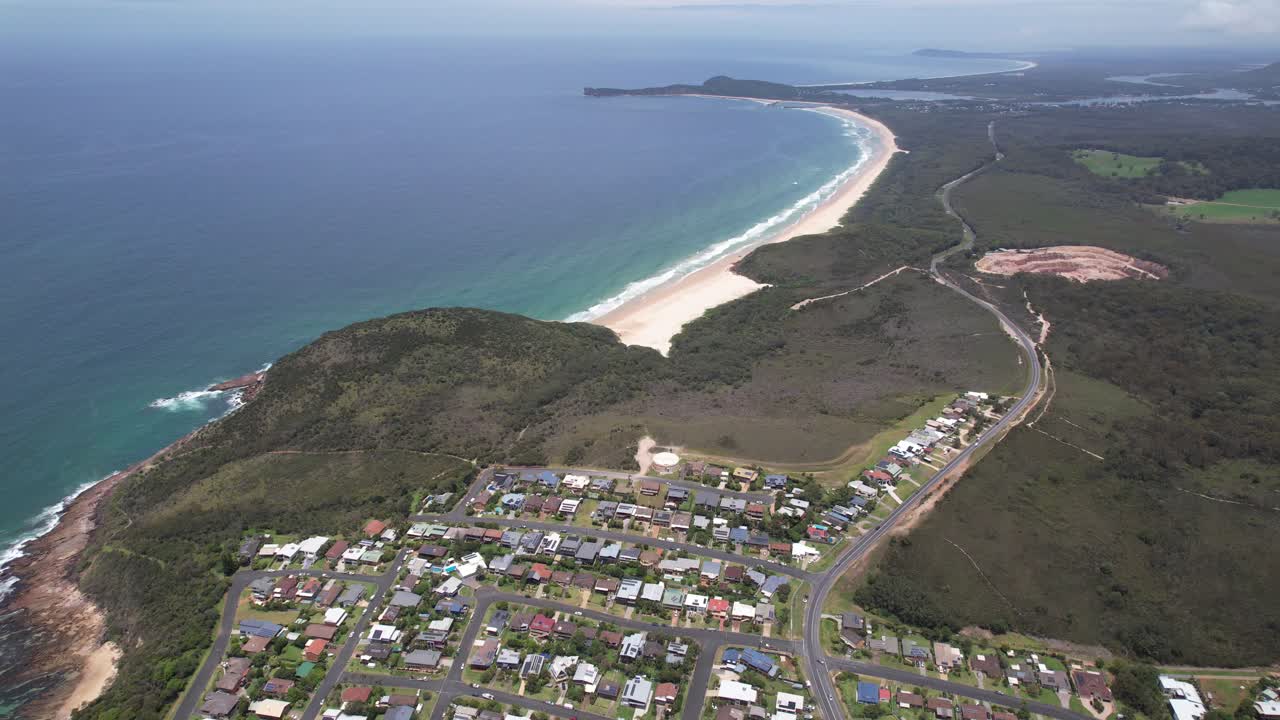 Aerial View Of Town And Beach In Bonny Hills, New South Wales, Australia - Drone Shot