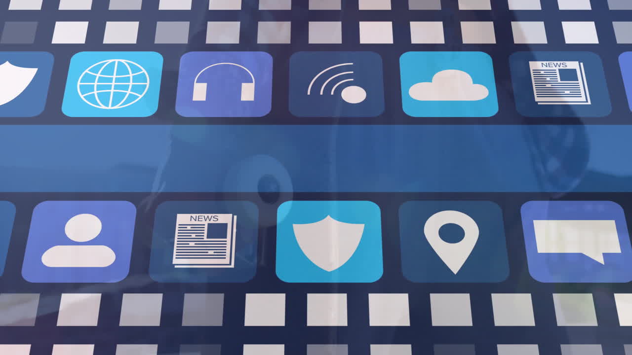 Animation of digital icons with globe, headphones, and cloud on grid background