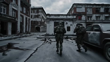 soldiers patrol a damaged city street
