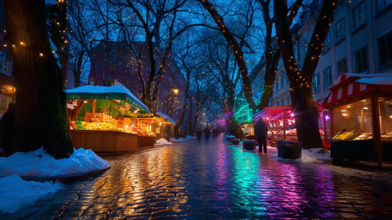 A serene winter evening market scene illuminated by colorful lights reflecting off wet cobblestone paths. The enchanting atmosphere invites a leisurely stroll amidst cozy stalls and festive decorations