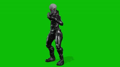 grey alien wearing a space suit and holding a sci-fi gun aiming on green screen, seamless loop 3d animation, front view