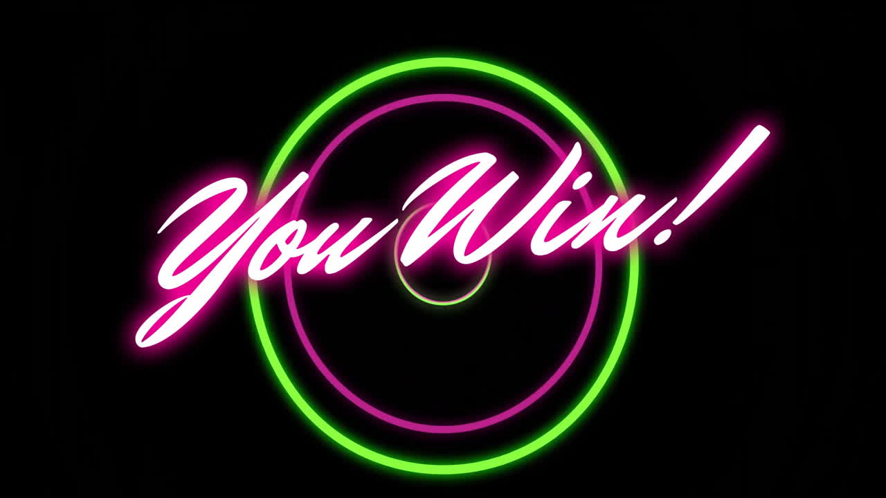 Animation of neon pink You Win! text glowing in green circle on black background