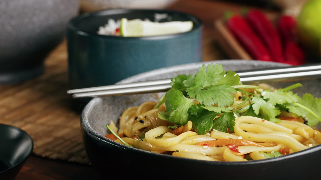Udon Noodles with Cilantro and Chili Peppers