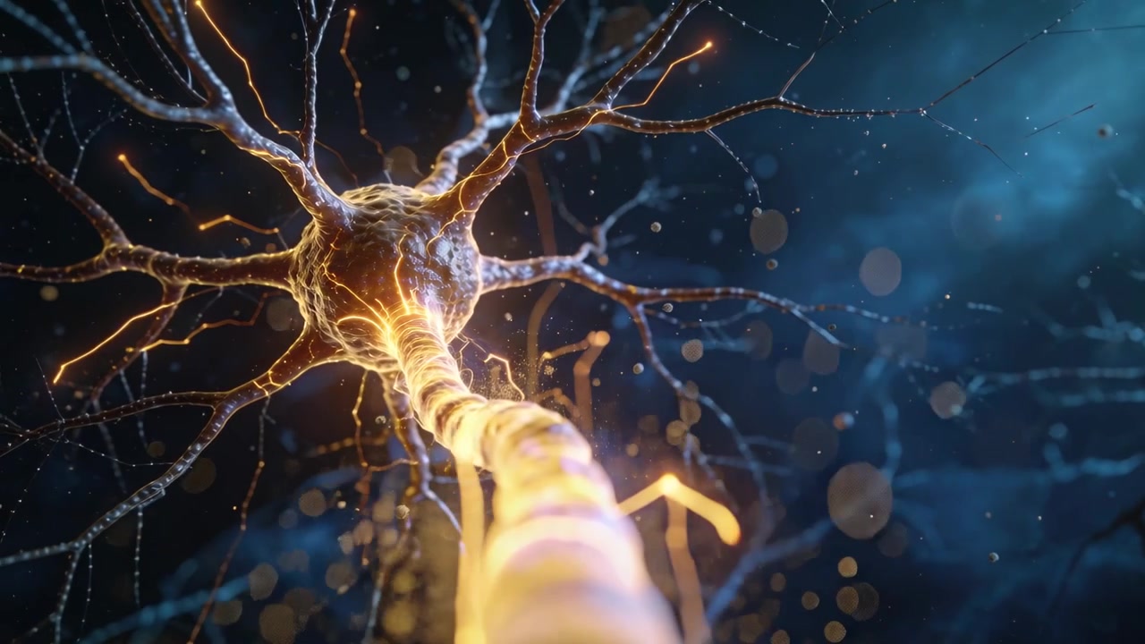 Initiating neuron propagating electrical pulse along axon in neural matrix sending orange sparks