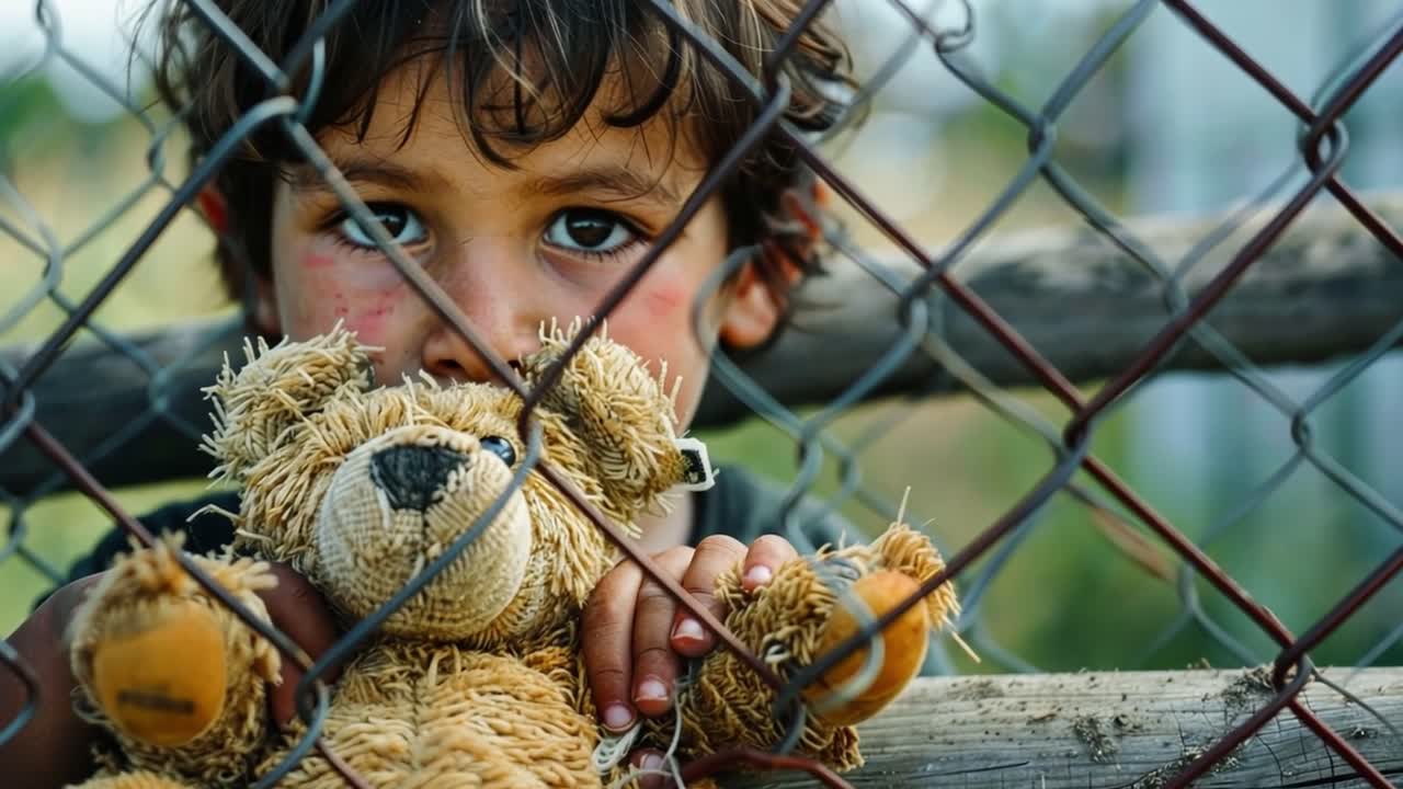 A sad boy with a teddy bear behind a fence