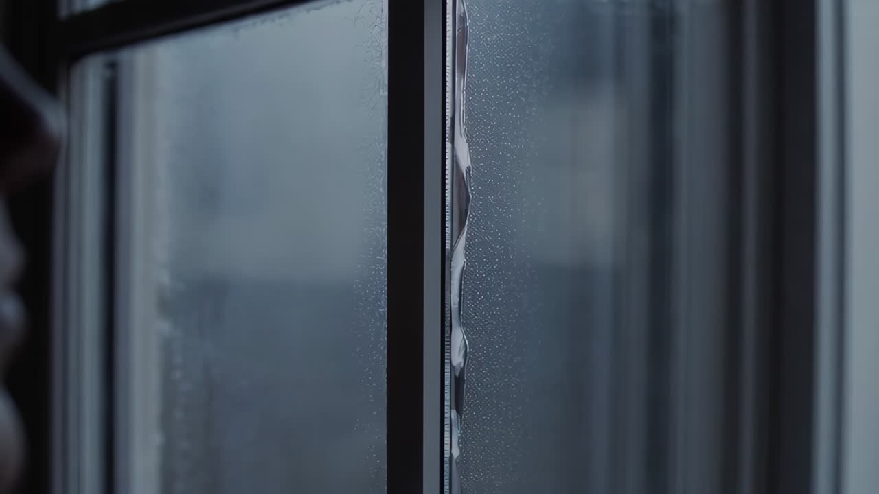 Person looking out of a window on a rainy day