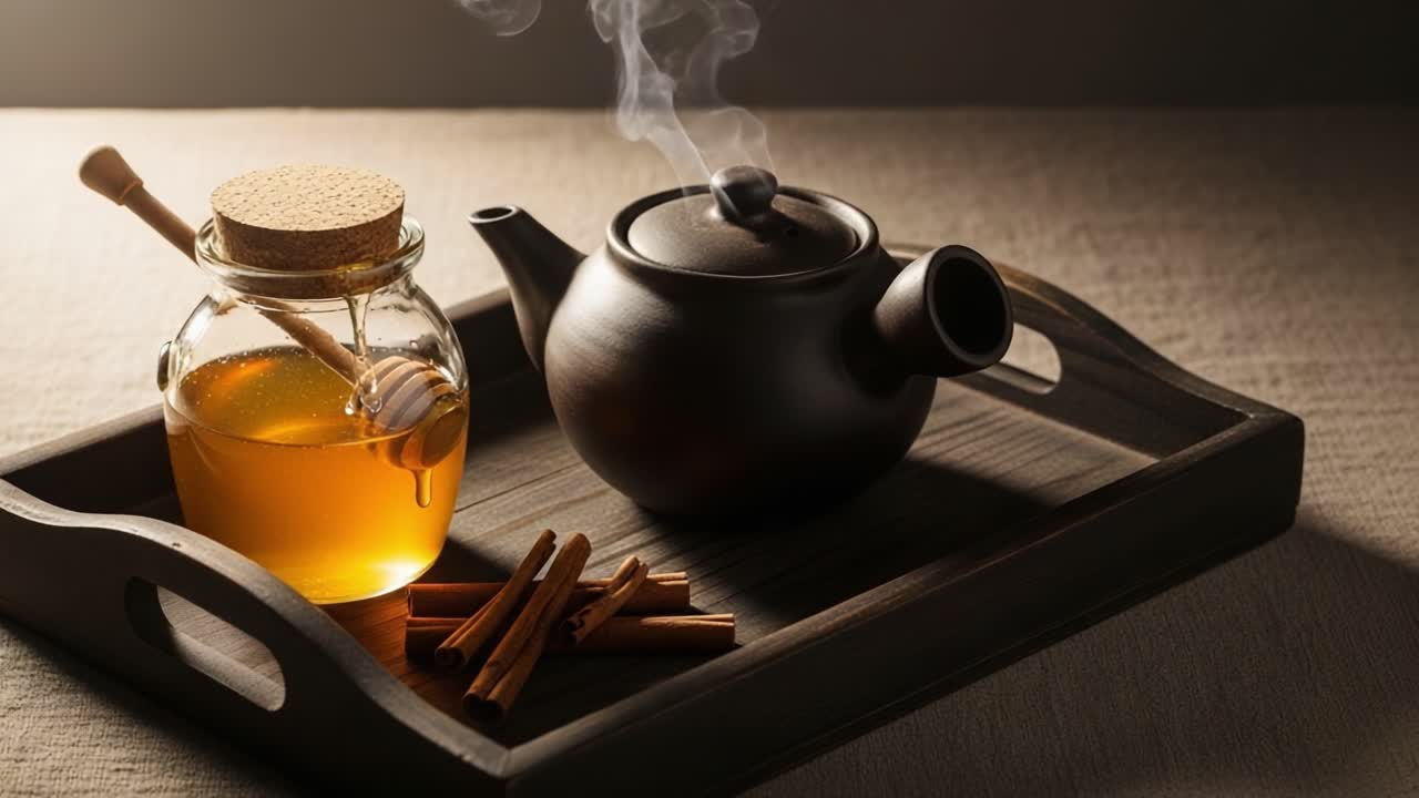 A Warm Moment: A Beautifully Styled Tea Set Featuring Aromatic Honey and Cinnamon Sticks, Perfect for Cozy Evenings and Peaceful Reflections