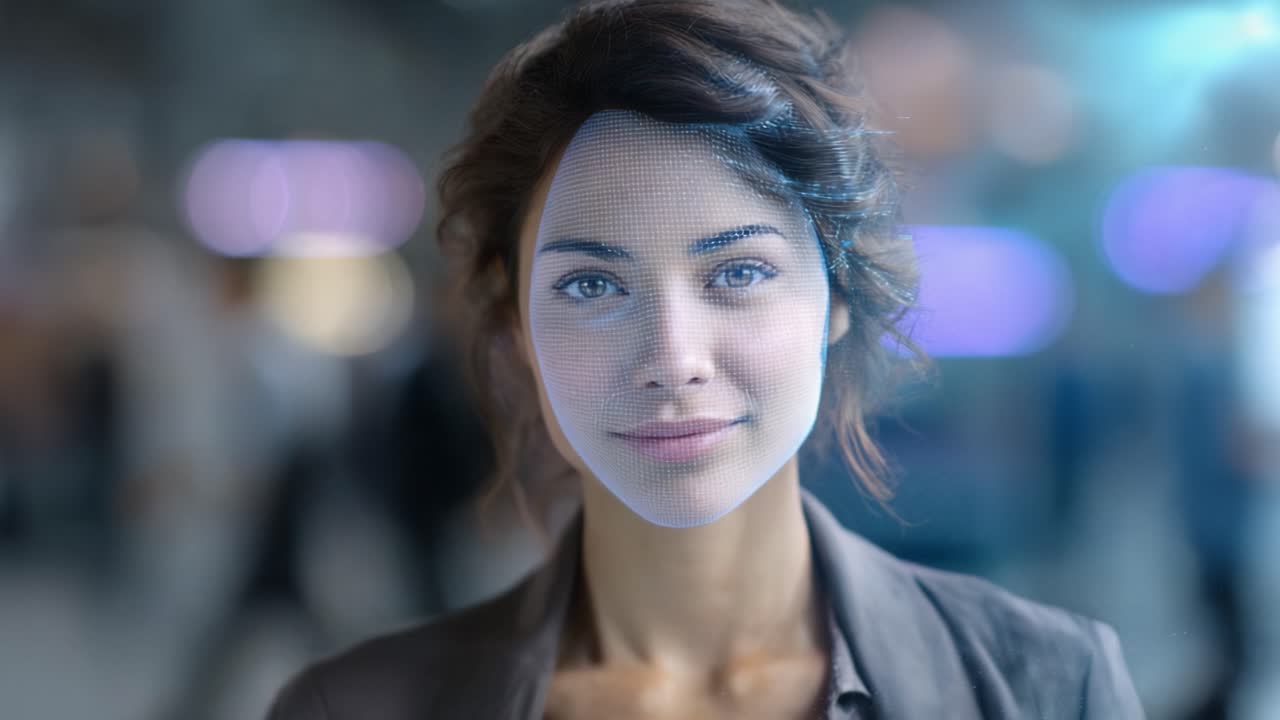 Una donna con un sorriso accattivante, fonde eleganza e tecnologia, mostrando emozioni attraverso un'interfaccia digitale in un ambiente urbano sfocato.