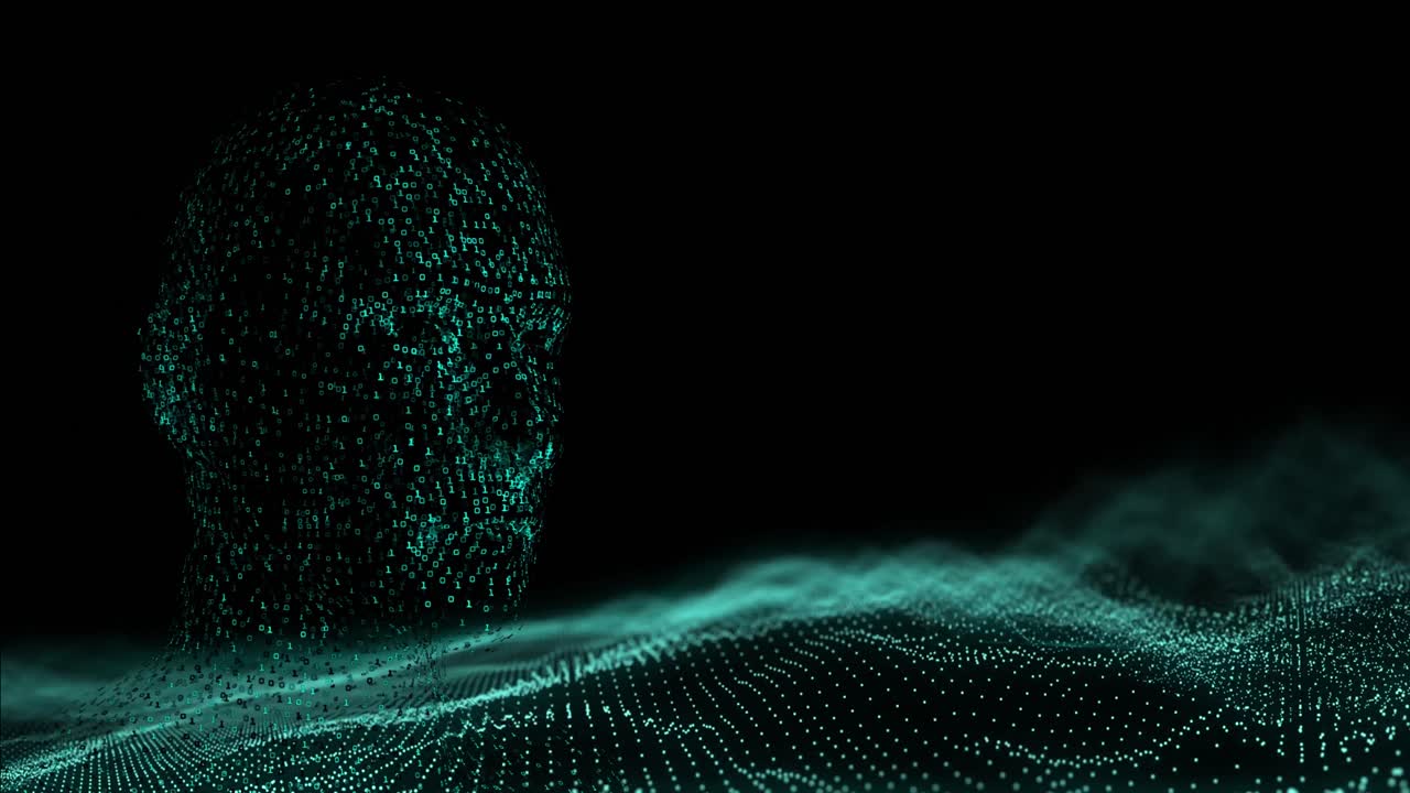 Animation of human head over moving spots on black background