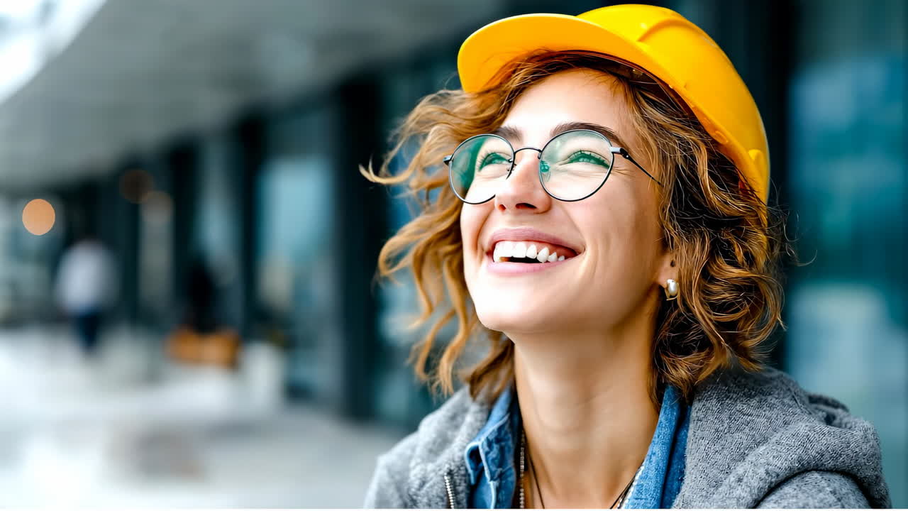 Smiling woman in hard hat. A cheerful young woman in a hard hat smiles at the construction site, enjoying her time