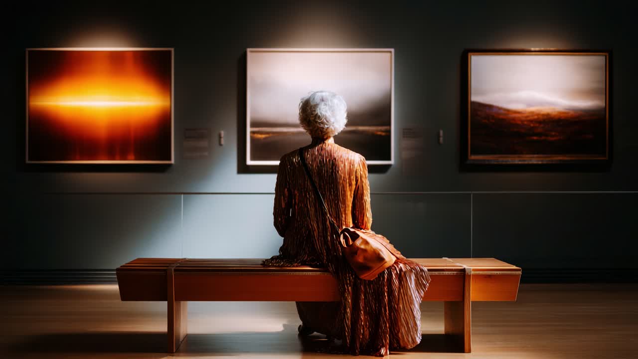 A Thoughtful Moment: An Elderly Woman Contemplates Stunning Artwork in an Art Gallery, Surrounded by Captivating Photographic Landscapes and Unique Lighting Effects