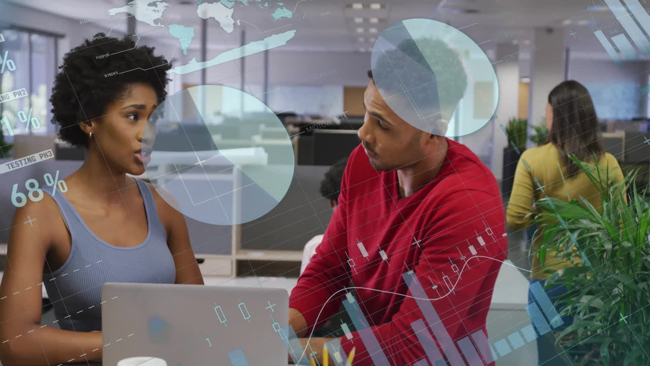Animation of data processing and diagrams over biracial colleagues discussing work
