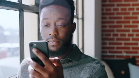 coffee, mobile app and black man with a phone