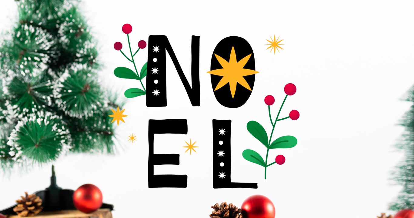 Animazione di testo natalizio Noel e decorazioni su sfondo bianco