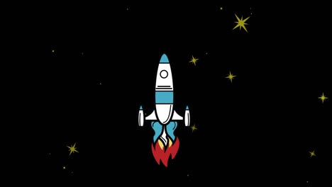 animation of space rocket flying in space over stars on black background