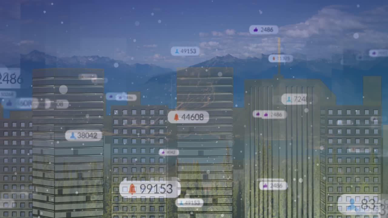 도시 풍경 위의 미디어 아이콘의 애니메이션