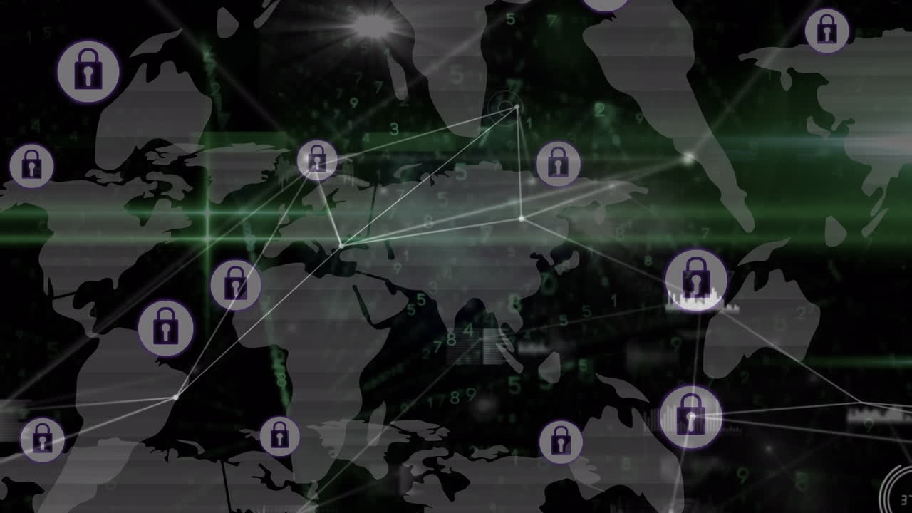 animación de la red de conexiones y el mapa del mundo sobre un fondo oscuro