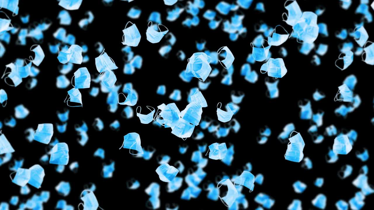 검은 바탕에 많은 파란 마스크를 날아. 의료 개념. 수술 보호 마스크. 마스크 회전의 3d 애니메이션. 루프 애니메이션.