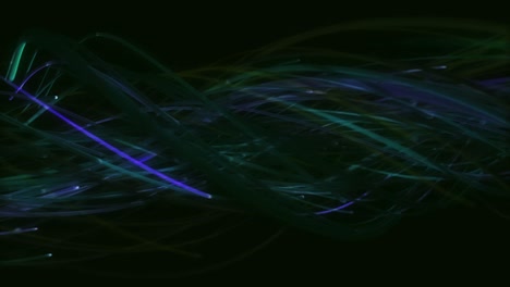 twisting bundle of blue and green fibres moving across black background