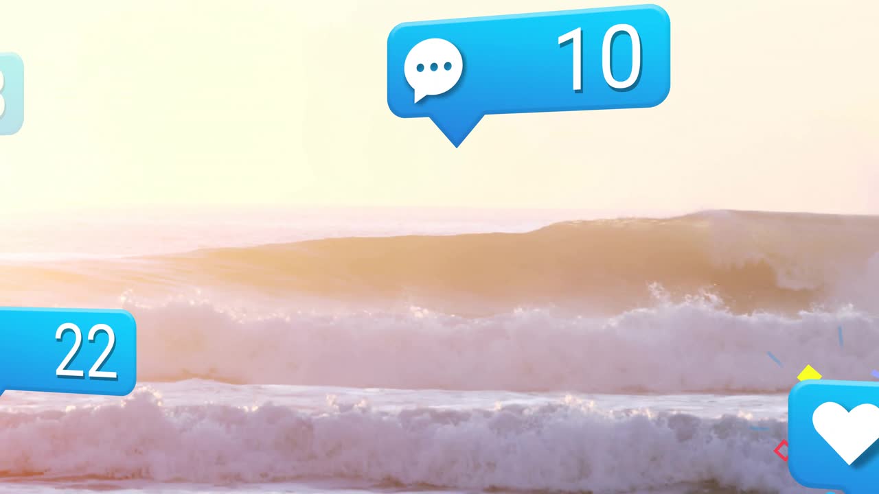 Cresting ocean wave spawning bubbles popping and updating social metrics, visualizing engagement