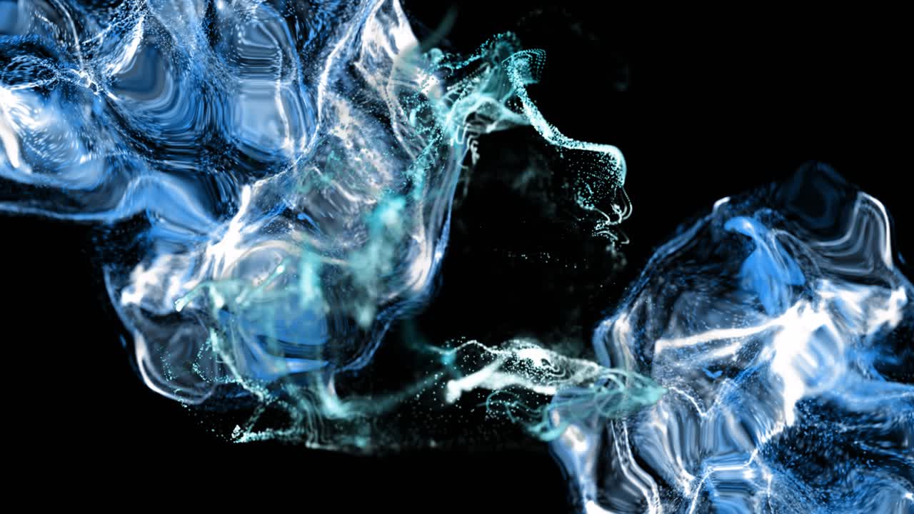Animation of white and blue particles and liquids moving on black background