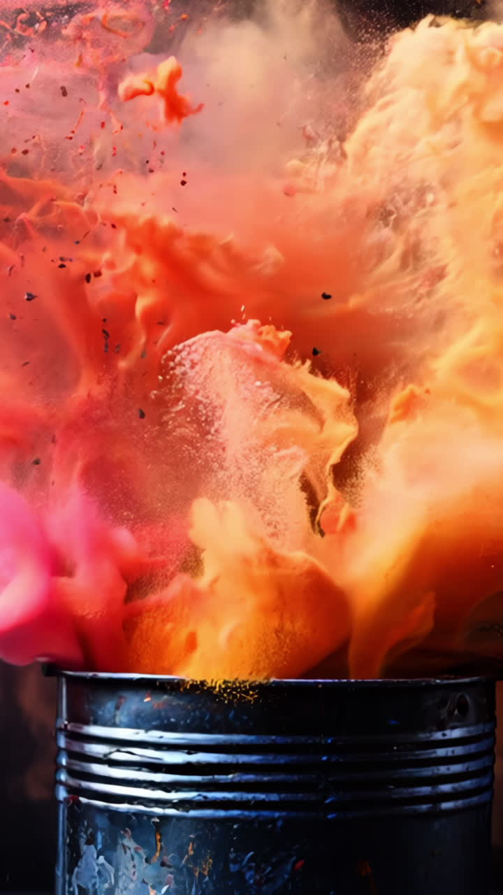 A can of paint is splattered with orange and red paint, creating a colorful explosion. Scene is energetic and dynamic, with the paint representing a burst of creativity and expression