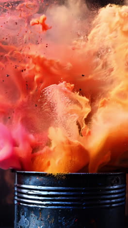a can of paint is splattered with orange and red paint, creating a colorful explosion. scene is energetic and dynamic, with the paint representing a burst of creativity and expression