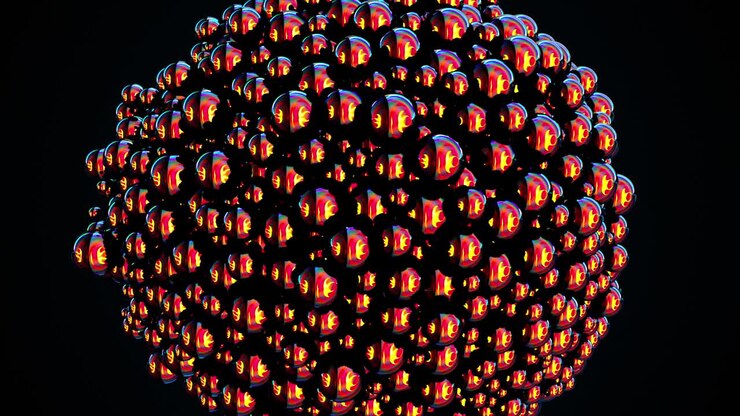 Many random bubbles filling the screen. Computer generated the emergence of many iridescent balls with reflection. 3d rendering abstract backdrop